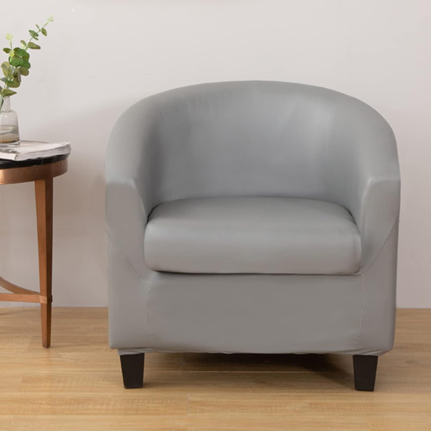 2 Piece Waterproof Tub Chair Slipcover PU Leather Armchair Cover Solid Color Non Slip Barrel Chair Cover for Living Room Dining -Light Grey-One Size