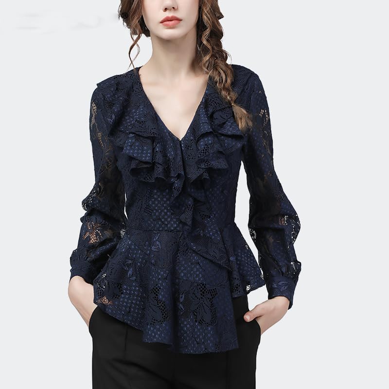 Blusas de Encaje con Cuello en V y Volantes de Color Azul Oscuro, diseño Floral Ahuecado, Manga Larga, Blusas Delgadas de otoño para Mujer, Camisas de Oficina (Azul M)