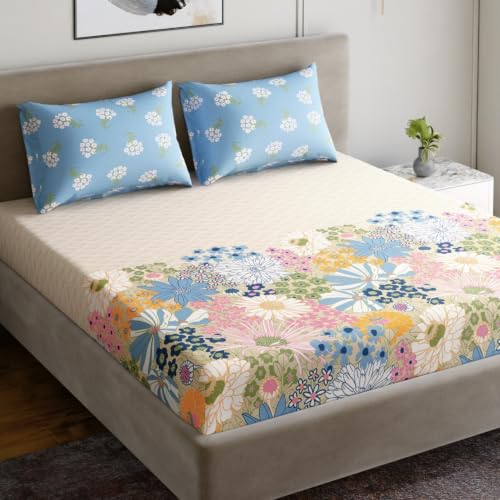 Image of Home Ecstasy 100% Cotton Double Bedsheet with 2 Pillow Covers - (Size 87 x 94 inches, 140 TC, Colour - Light Blue)
