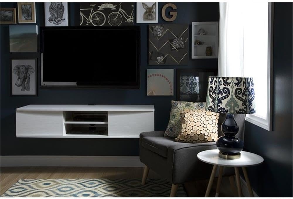 BOWERY HILL Modern Wood TV Stand, 56 in Wide, Laminated Particleboard, Pure White Finish, Wall-Mounted Design, Sliding Doors, 6 Storage Spaces, Adjustable Shelves, Living Room Media Console