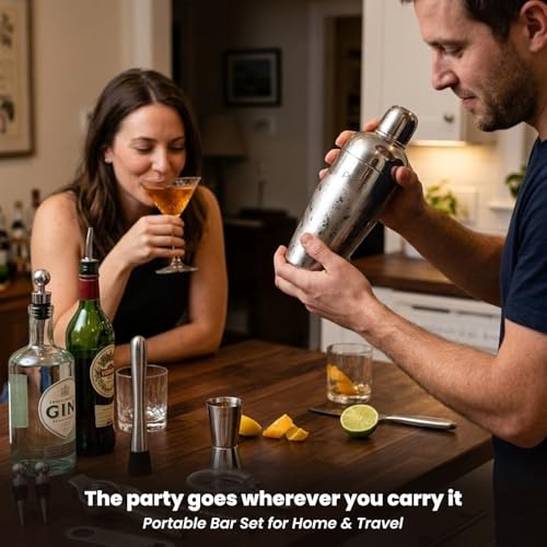 Image of O' Holic by Perch Portable Bar Bag Set | Premium Leatherette Travel Bartender Kit | 13-Piece Cocktail Shaker Set with Jigger, Strainer, Muddler & Bar Tools | Premium Gift for Men| Silver