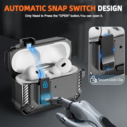Image of for AirPods Pro 3 Case with Lock & Phone Stand(Grey) | Automatic Snap Switch Lock,Carbon Fiber Texture Design Cover with Cleaner Kit