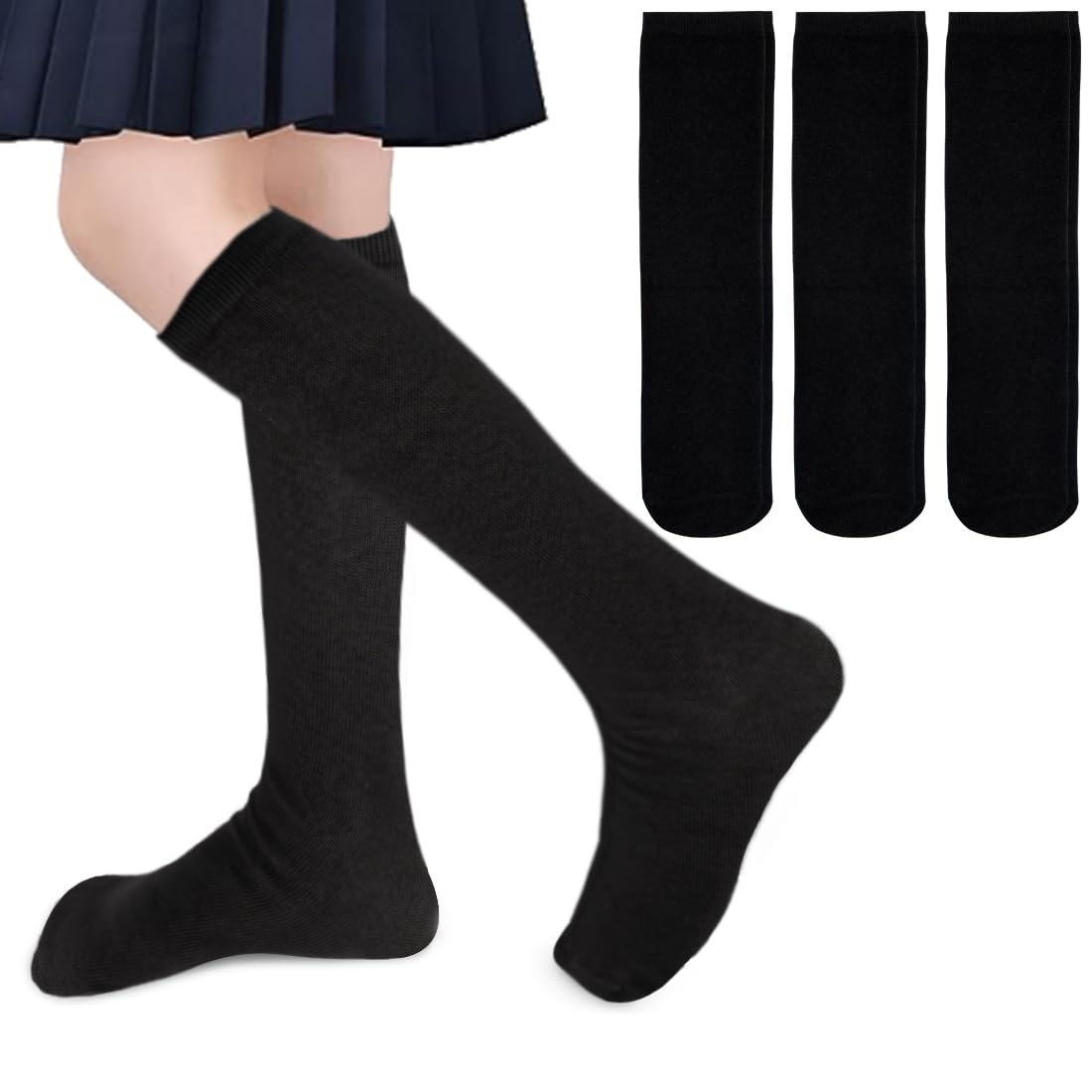 ZERULETS Kniestrümpfe Kinder Baumwolle Trachtensocken 3 Paare Mädchen Jungen Schulkind Socken Weiß Schwar für 1-14 Jahre