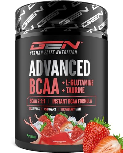 Advanced BCAA en polvo 450 g   Aminoácidos en proporción 2:1:1 con L glutamina y taurina   BCAA instantáneos, excelente solubilidad y sabor   Vegano   30 raciones (Strawberry)