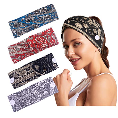 HAISWET Thick Elastic Boho Cross Criss 4 Hair Band Set Headband with Button for Strap