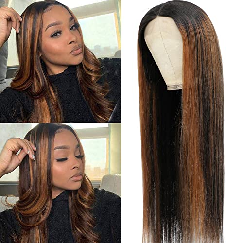 Haha Ombre Highlight Lace Front Wig Human Hair Straight Blonde Highlight 4X4 Lace Closure Wig For Black Women Pre Plucked 14 Inch 150% Density #1BT1B/30 Black Mixed Brown