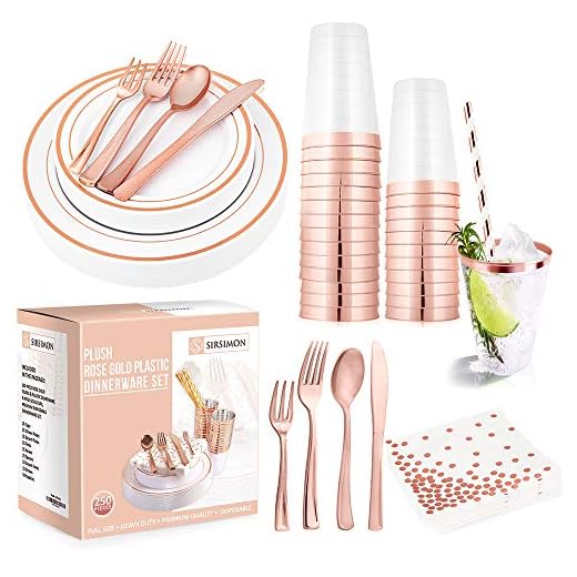 SIRSIMON 250 Piece Disposable Rose Gold Plastic Dinnerware Set - 50 Rose Gold Plastic Plates - 25 Rose Gold Plastic Silverware - 25 RoseGold Cups and Straws - 50 Fancy Napkins, Wedding or Party of 25