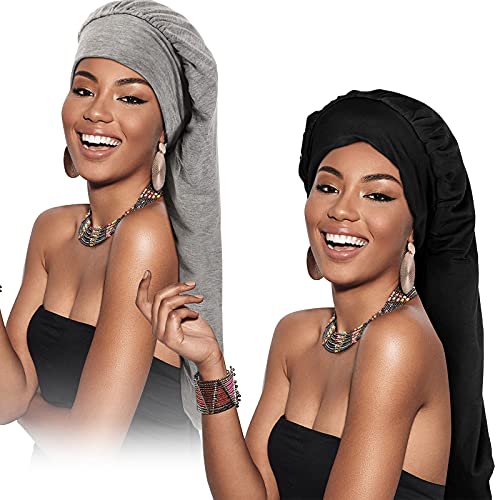 2 Pieces Long Satin Lined Bonnet Sleep Cap Double Layer Adjustable Braids Hat (Black, Gray)
