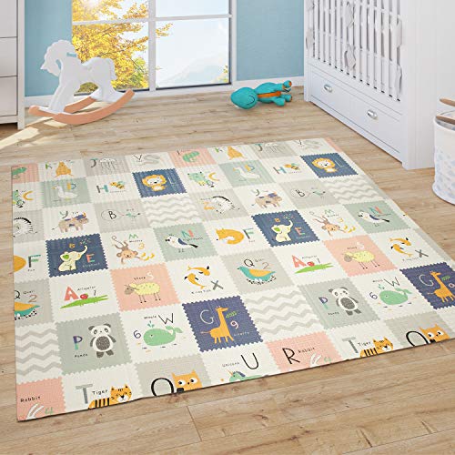 Speelkleed Kruipkleed Baby Kinderen Kleed Opvouwbaar Afwasbaar Omkeerbaar ABC Crème Blauw Geel Grijs, Maat:180x200 cm - Afbeelding 3