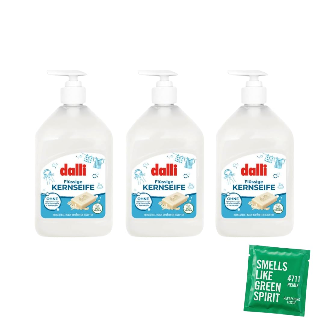 Dalli Flüssige Kernseife 3×500 ml Set inkl.Remix Grün Erfrischungstuch – Vegan, Ohne Duft- & Farbstoffe – Milde Seife für empfindliche Haut & Haushalt