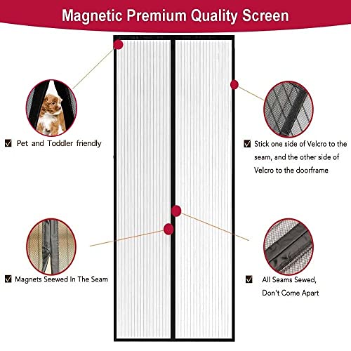 Aloudy Magnetic Screen Door Fits Doors Up to 36" x 98" MAX, Full Frame Velcro Instant Mesh Curtain, Hands Free Bugs Off Door Screen with Magnets Black