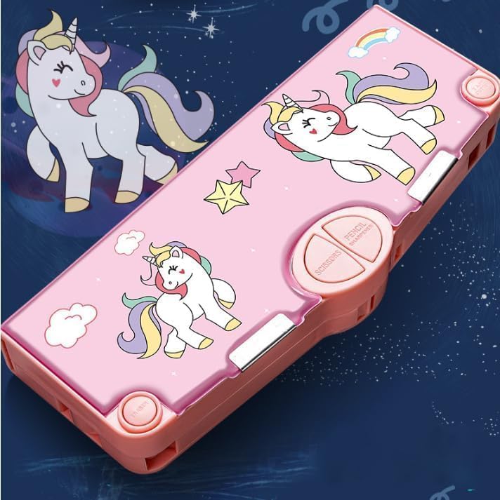 Image of LONGMIRE Plastic Multi-Functional Unicorn Theme Magnetic Pencil Box for Kids Compass Box for Girls Stationery Box Buttons Operated Pencil Box for Kids with Accessories (Multicolor)