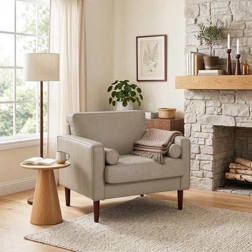 Image of Faux Leahter Accent Chairs Stet of 2, Comfy Upholstered Armchairs for Living Room, Modern Bedroom Reading Seat with 2 Bolster Pillows, Cream