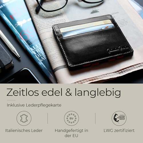 Jaimie Jacobs Flap Boy Slim - Das Original - Magic Wallet ohne Münzfach integrierter RFID Schutz Magischer Geldbeutel Echtleder (Schwarz mit Rot)