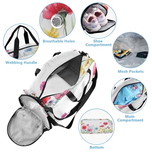 YETTASBIN Sport Travel Duffel Bag for Girls Boys, Herbal Wildflowers Large Waterproof Weekender Overnight Bag, Detachable Shoulder Strap Gym Bag with Shoe Compartment & Wet Pocket4