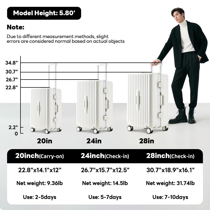 2-Pice Luggage Set 20/24, Aluminum Frame Luggage Set with Cup Holder & Charge,TSA Lock,Hardshell, Zipperless Design, Carry-On and Checked Luggage, Unisex (Model B – White, 20inch)2