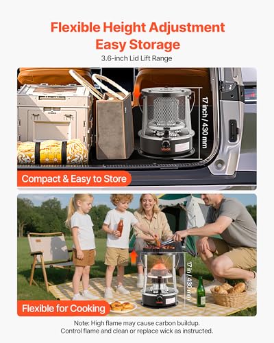 Image of VEVOR 9000 BTU Portable Kerosene Heater & Stove, 2 in 1 Non-Electric Indoor Outdoor Heater with Adjustable Height & Flame & Easy Storage,for Camping, Hunting, Cooking, Home, Garage, Black