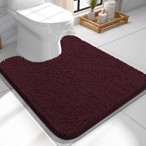 Image of OLANLY Toilet Rugs U-Shaped 24x24, Extra Soft Absorbent Chenille Contour Bathroom Rugs for Toilet, Dry Quickly, Machine Washable, Non-Slip Bath Mat, Black Cherry