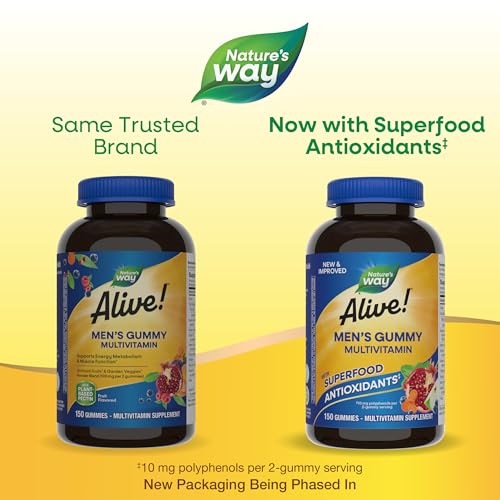 Nature's Way Alive! Men's Multivitamin Gummies, Supports Energy Metabolism*, Muscle Function*, Superfood Antioxidants(1), B-Vitamins, Vegetarian, Fruit Flavored, 150 Gummies (Packaging May Vary)