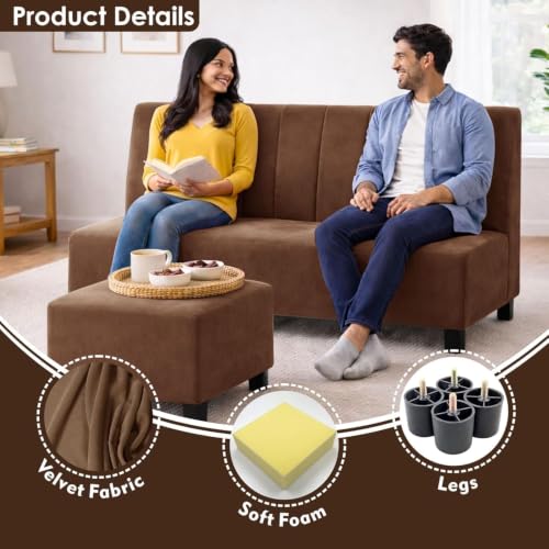 Image of Rosebell Sofa Set with Ottoman Combo 2 Seater Sofa Set with Matching Footstool Velvet Fabric for Living Room, Office & Bedroom Guest Room - Brown Color