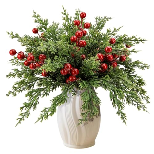 Image of HASTHIP 35Pcs Christmas Pine Branches 10.5in, 10Pcs Red Berry Stems 7in