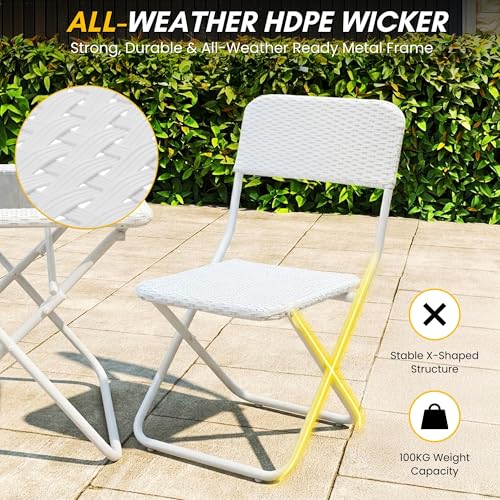 Image of DEVOKO Foldable 3-Piece Outdoor Patio Wicker Furniture Set with Glass Top Table, All-Weather HDPE Rattan, Rustproof Metal Frame for Garden, Balcony & Lawn (White)