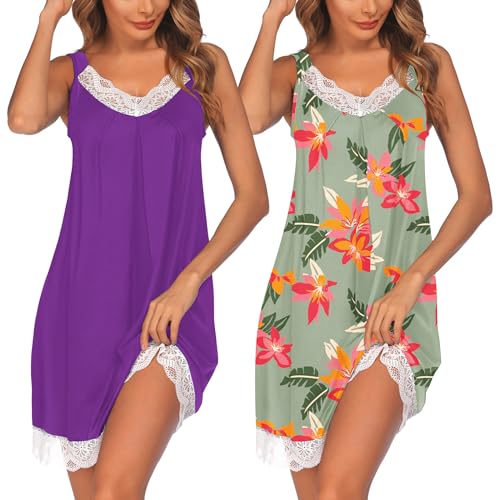 Image of Ekouaer Womens Nightgown 2 Pack Nightgown V Neck Lace Sleepwear Sleeveless Chemise Women's nightgowns & sleepshirts S-XXL