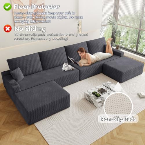 Image of Oversized Modular Sectional Sofa Couch,Large 6 Seater Corner Sofa Modern U Shaped Sectional Couch with Ottoman Cloud Couches for Living Room,Office,Spacious Space,Corduroy,No Assembly,Dark Grey