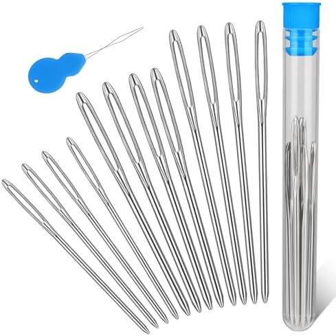 TLKKUE 12 Pcs/3 Sizes Large-Eye Blunt Needles, Stainless Steel Yarn Needle with Needle Threader, Tapestry Needle for Sewing Crochet Knitting Embroidery (2.08in/2.36in/2.76in)
