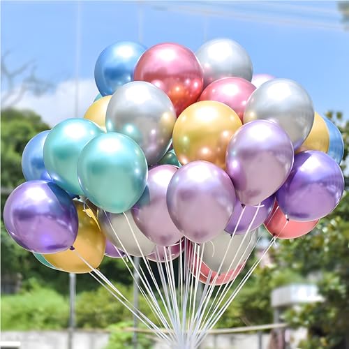 Image of Chrome Metallic Balloons Multicolour 100 pcs Glossy Latex Balloon for Birthday Decoration Kit Wedding, Anniversary Floral Garland 10 Inch Helium Supported
