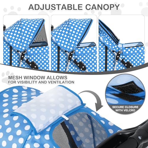 Image of MoNiBloom 3 Wheels Pet Dog Cat Stroller for Small Medium Dogs Cats, Foldable Jogger Stroller w /Storage Basket and Cup Holder, Sky Blue Polka Dots