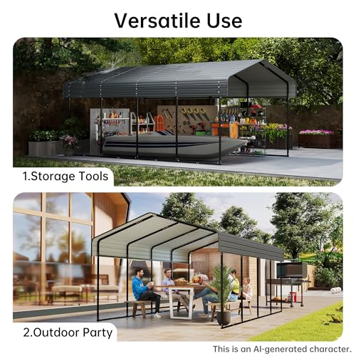Image of 12x20FT Metal Carport, Heavy Duty Horizontal Roof Canopy with Reinforced Frame and Base for All Seasons, Outdoor Garage Carport for Tractors, Pickup Trucks or Party, Farm Equipment, Gray