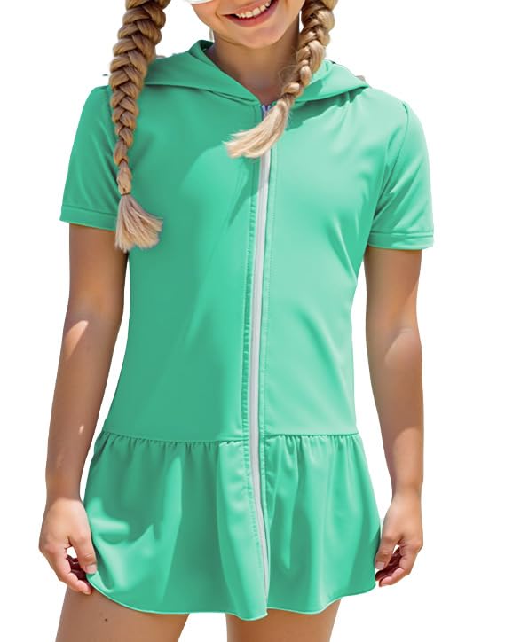 Image of Girls Sun Protective Swim Cover Up Hooded with Full-Length Zipper Short Sleeve UPF 50+ Beach Dress Coverup
