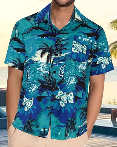 Image of Men Hawaiian Shirt Short Sleeve Summer Beach Button Down Shirts with Pocket