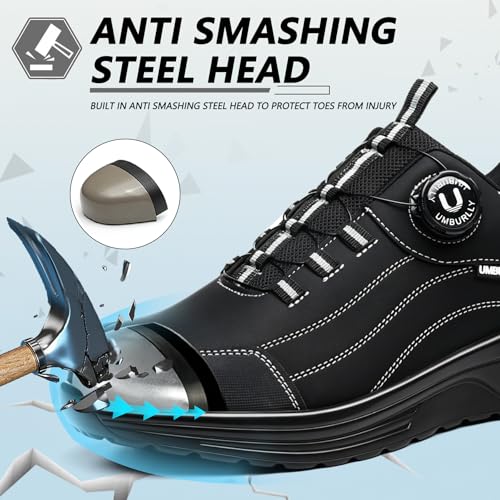 Image of Hogent Steel Toe Shoes for Men & Women, Anti-Smashing Puncture Resistant Lightweight Comfortable Cushioned Work Shoes, All-Day Wear Construction Safety Sneakers Black