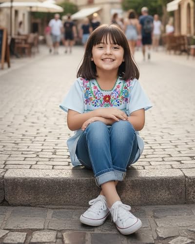 Image of YZXDORWJ Mexican Blouse for Girls Traditional Embroidered Summer Short Sleeve Peasant Blouse for Kids