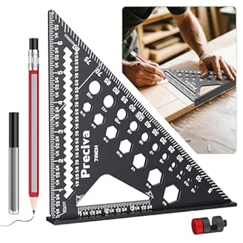 Preciva Carpenter Square 7 inch, 1/16&#34; Precision Rafter Square Aluminum Alloy with Limiter and Pencil, Multi-Purpose Carpenter Tool Measuring Layout Tool for Woodworking and Carpentry