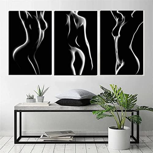 Sexy Woman Painting Nude Girl Silhouette Posters And Prints 3 Pieces/Set Black And White Wall Art Canvas Pictures For Living Room Home Decoration (Framed,16X24Inchx3) #TOP6