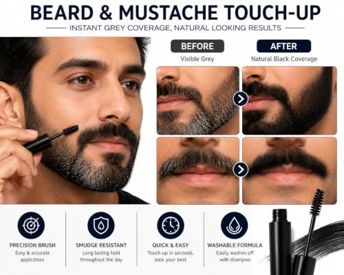 Image of Quick Hair Root Touch-Up Mascara for Grey Hair, Beard & Mustache | Instant Temporary Hair Color | Precision Mascara Brush | Smudge Resistant Formula | Easy Washable Root Cover Up | Black