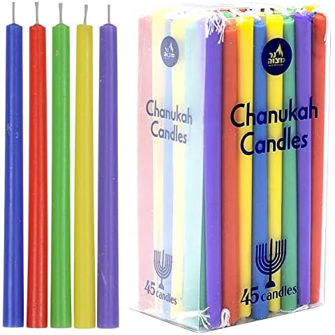 Ner Mitzvah Colorful Long Chanukah Candles - Standard Size Hanukkah Candles - Premium Quality Wax - Assorted Colors - 45 Count for All 8 Nights of Hanukkah Cover