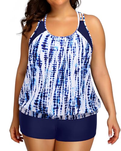 Image of Womens Plus Size Tankini Swimsuit Two Piece Tummy Control Bathing Suit | Blouson Racerback Tankini Top with Shorts, Double Up Design, Removable Pad