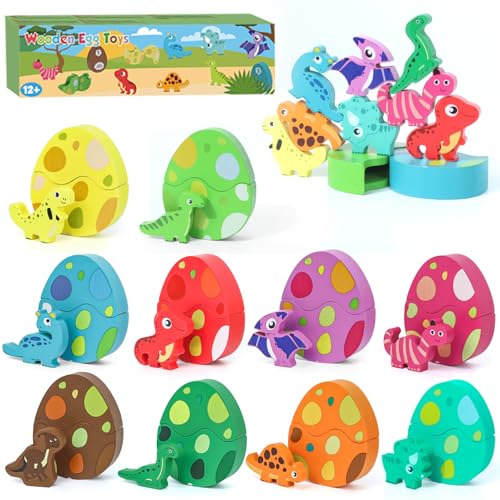 LZDMY Juguetes Montessori para Niño de 1 Año, Juguete de Madera Dino Huevos para Bebé, Dinosaurios Juguetes para Habilidades Motoras, Juguetes Rompecabezas de Niño, Regalo Cumpleaños//Navidad
