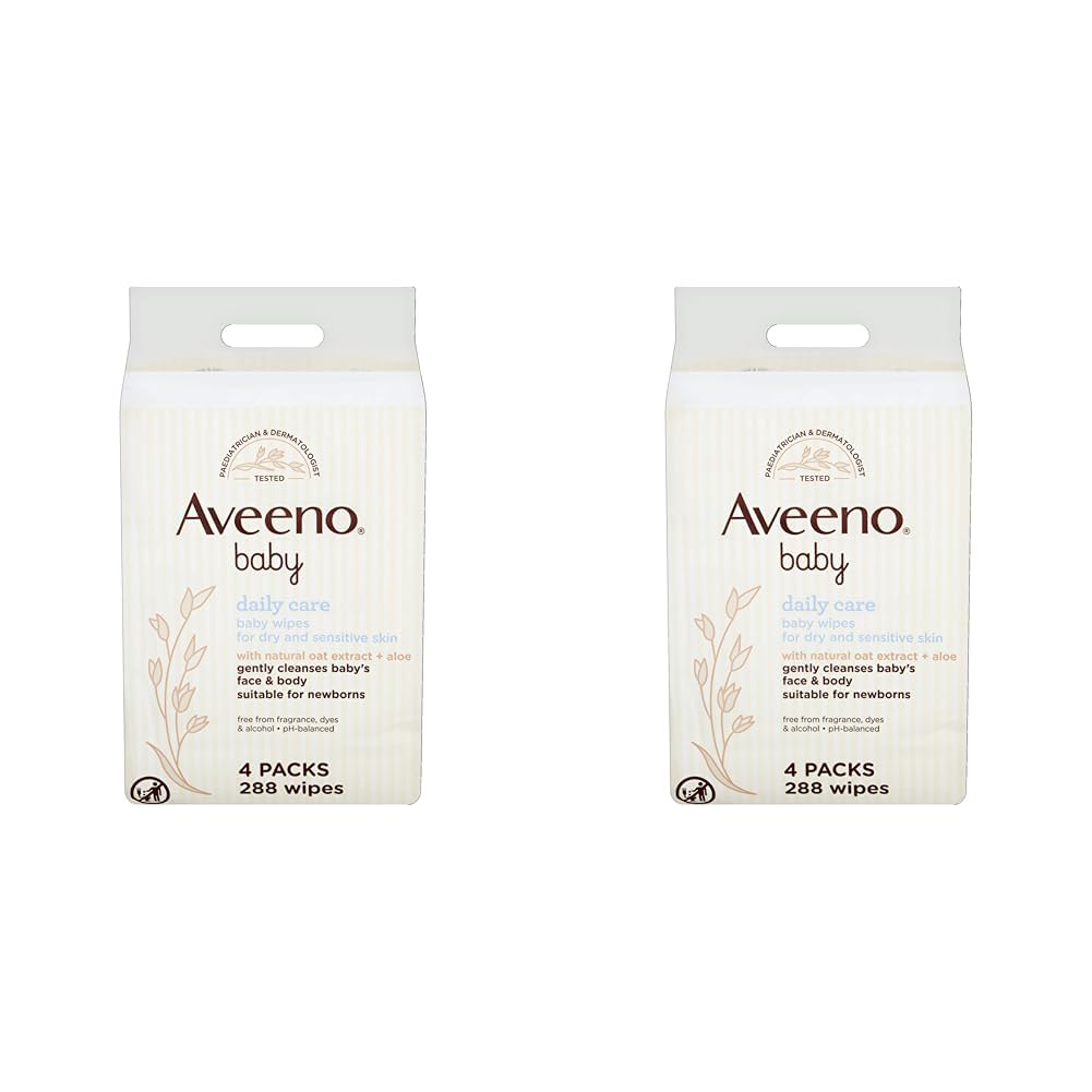Aveeno Baby Wipes Sensitive Skin, Cleanse Gently And Efficiently Baby Essentials, Pack Of 8 (288 Wipes In Total)