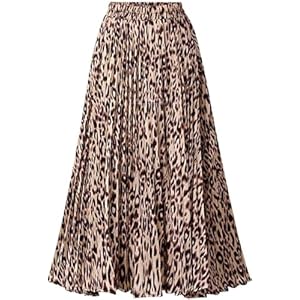 Womens Leopard Print Skirt Long Maxi Elasticated Waist Pleated A Line Skirts Boho Ladies