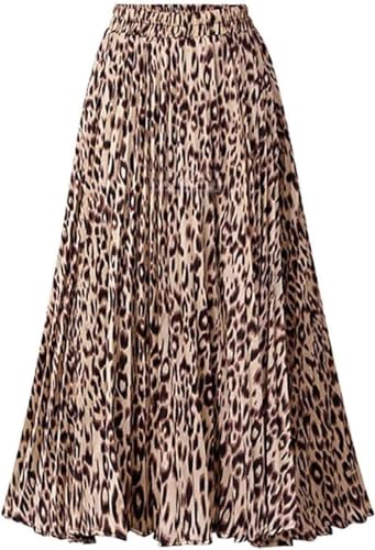 Womens Leopard Print Skirt Long Maxi Elasticated Waist Pleated A Line Skirts Boho Ladies