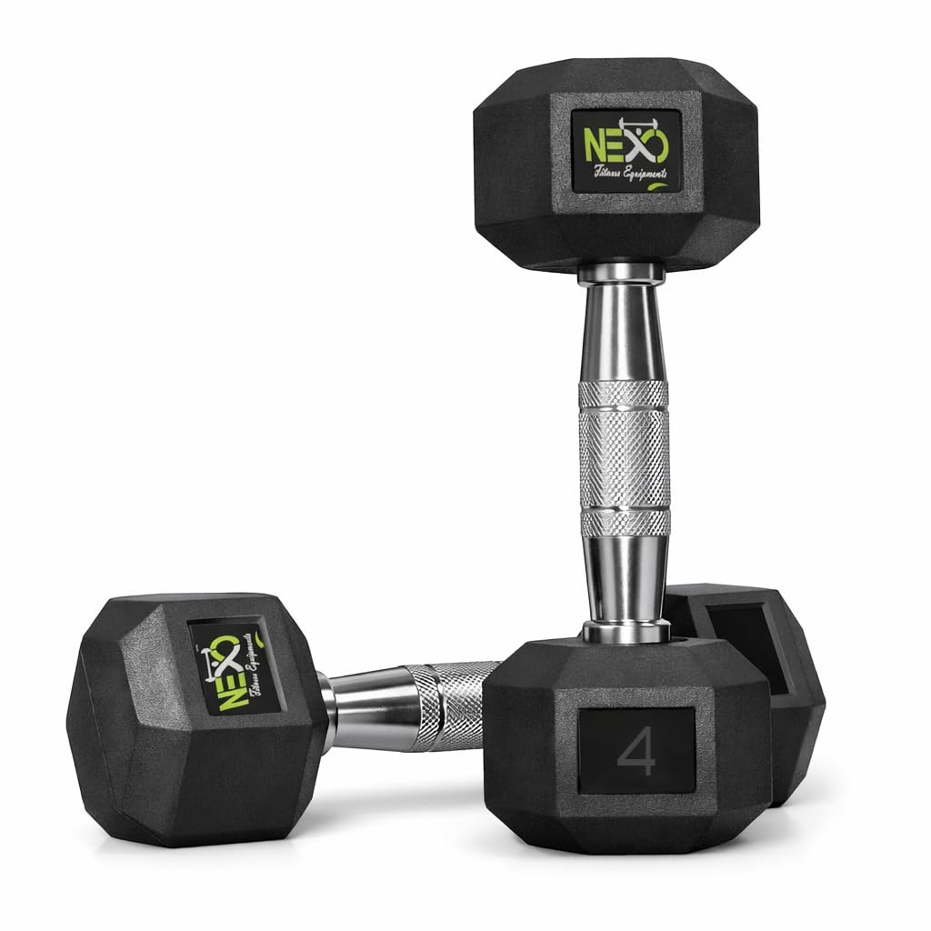NEXO Rubber Coated Hex Dumbbells for Home Gym Exercise | Workout Dumbbells Weights for Men & Women | 8kg Hex dumbbells set of 2 (4kg x 2) | Color - Black-image-17