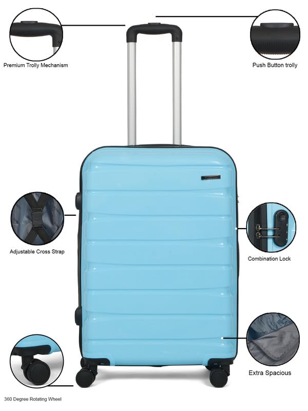 Image of Teakwood Medium Cabin Size 8 Wheels Trolley Bag, Hard Cabin with Zipper Closure, Adjustable Push Button & Cross Side Strap, TSA Lock System 360 Degree (Medium, Sky Blue)