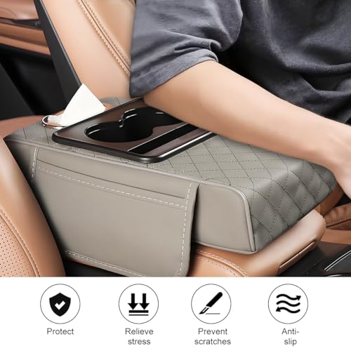 Image of Car Armrest Cushion, 5-in-1 Nappa Leather Vehicle Centre Console Cover with 2 Storage Pockets, Cup Phone & Phone Holder, Multifunctional Auto Organiser Accessories, Universal Fit (Gray)