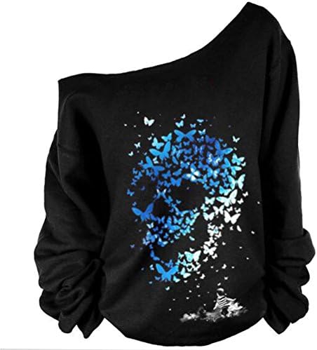 Roshop Women's Sexy Long Sleeve Scary Black Day of Dead Off Shoulder Holiday Sugar Skull Sweatshirt (blue,x-large)