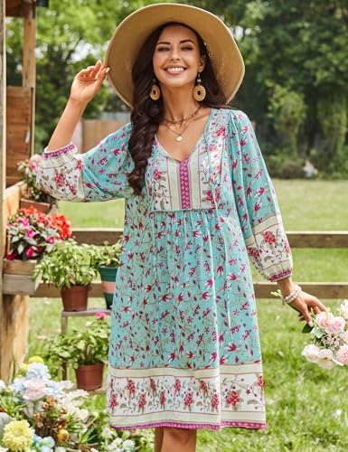 Image of Bluetime Women Casual Summer Dress Boho V Neck 3 /4 Sleeve Babydoll Floral Print Flowy Beach Dress